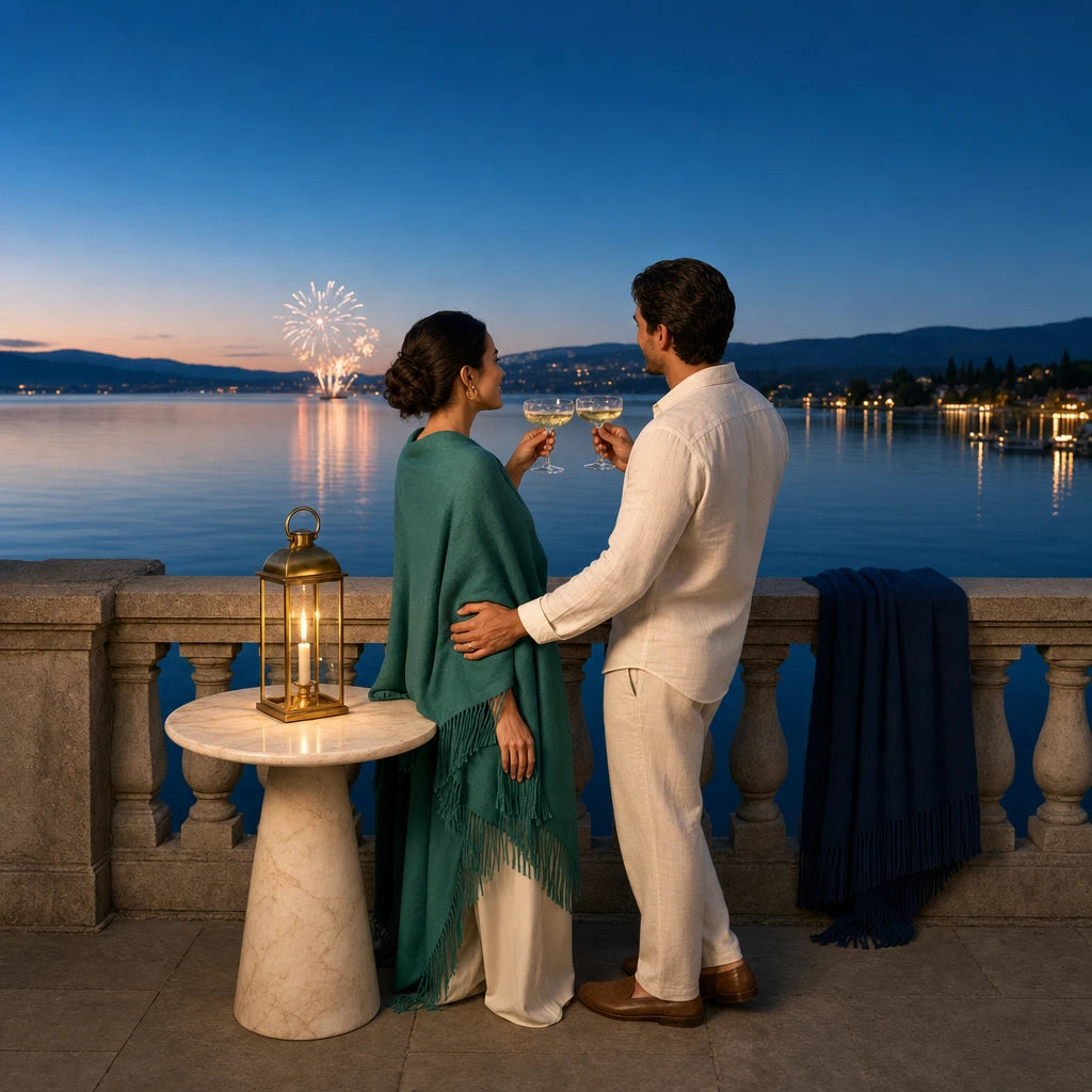 Couple toasting champagne on a lakeside terrace as fireworks bloom, Iconic Fourth of July Luxe experience gift