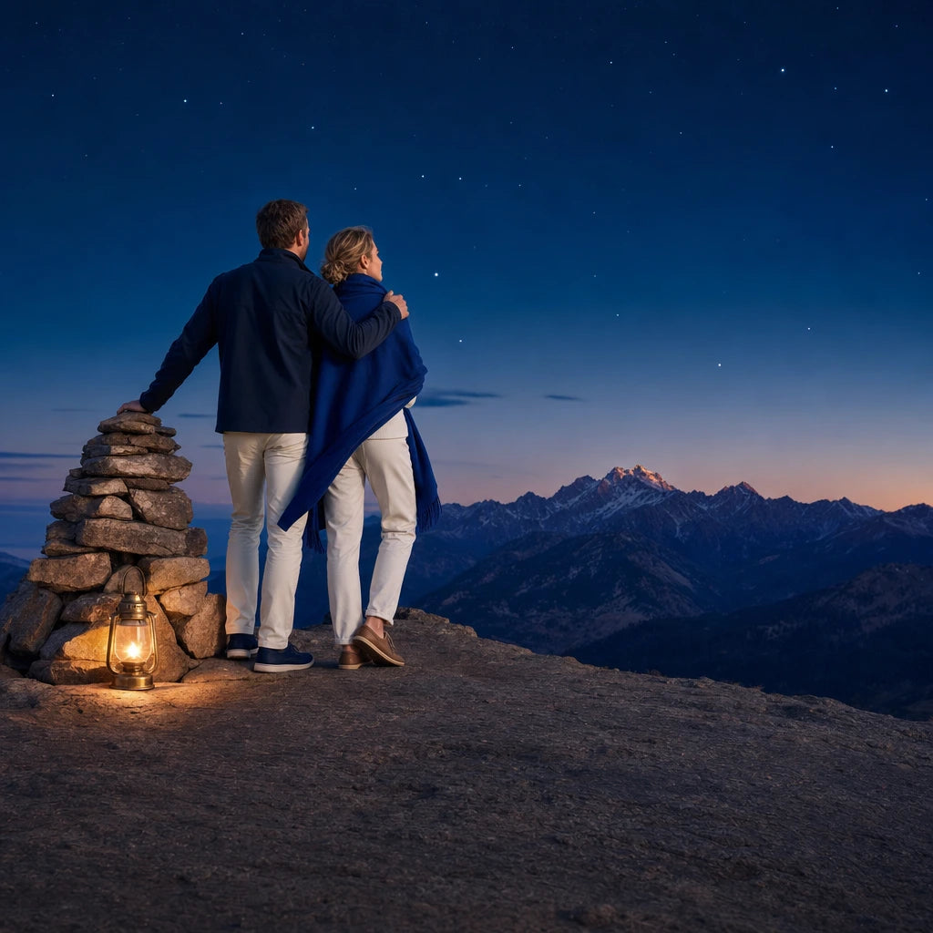 Couple at a summit cairn with a lantern under the first stars, Iconic Adventure Luxe experience gift