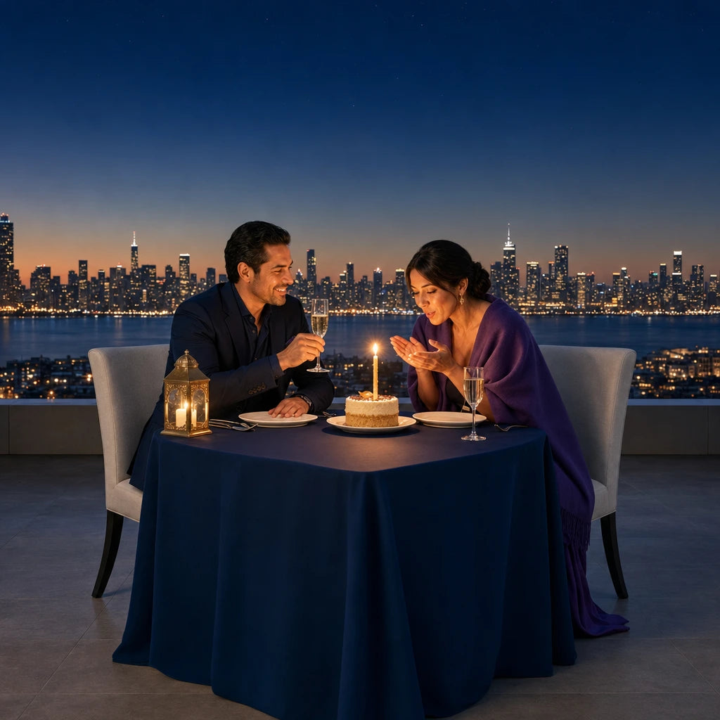 Couple celebrating a birthday at a rooftop table, one candle on the cake, Iconic Make a Wish Luxe experience gift