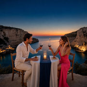 Couple raising wine glasses at a cliff-top table at dusk, San Diego Iconic Bucketlist Luxe experience gift