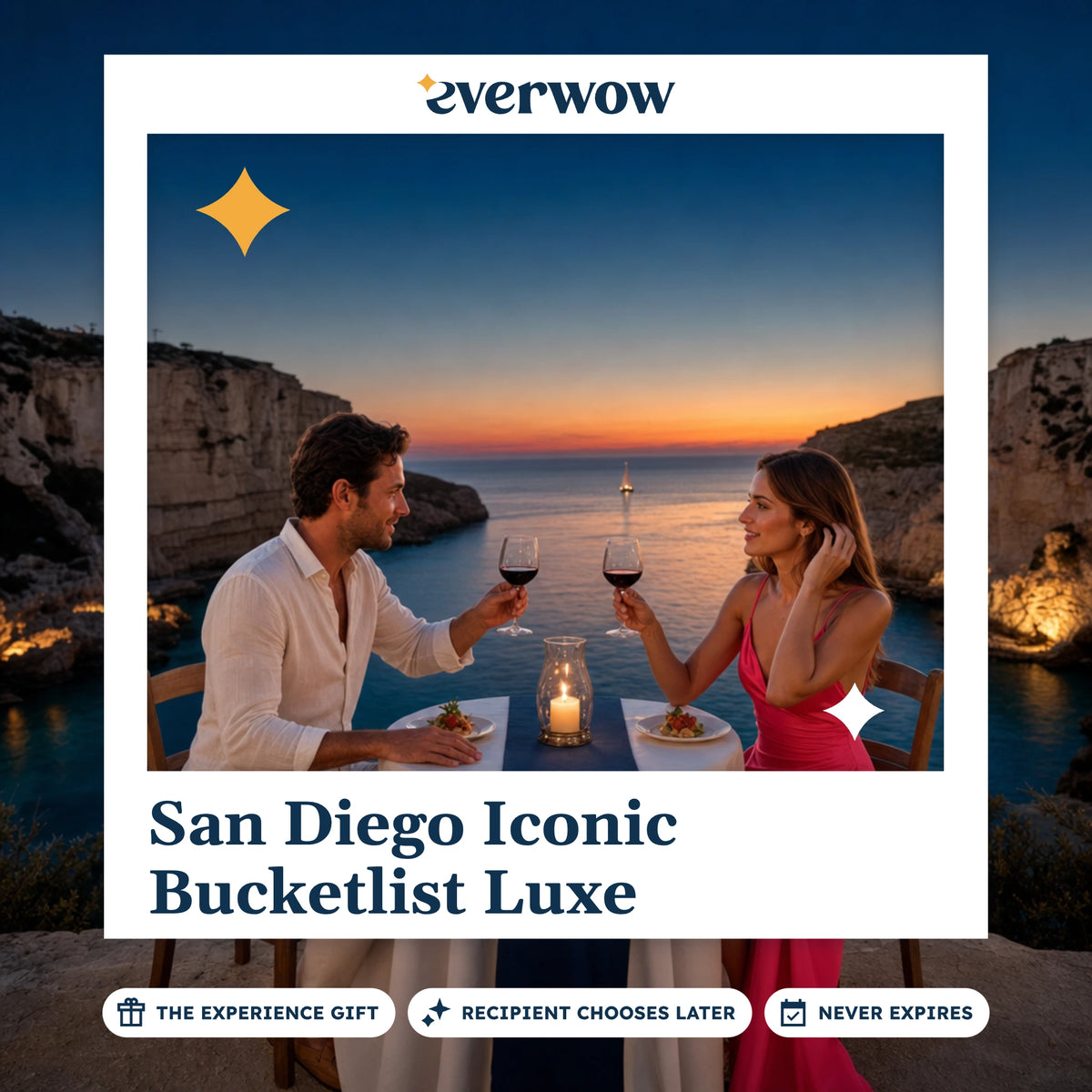 Everwow San Diego Iconic Bucketlist Luxe experience gift photo in a frame, cliff-top toast at dusk