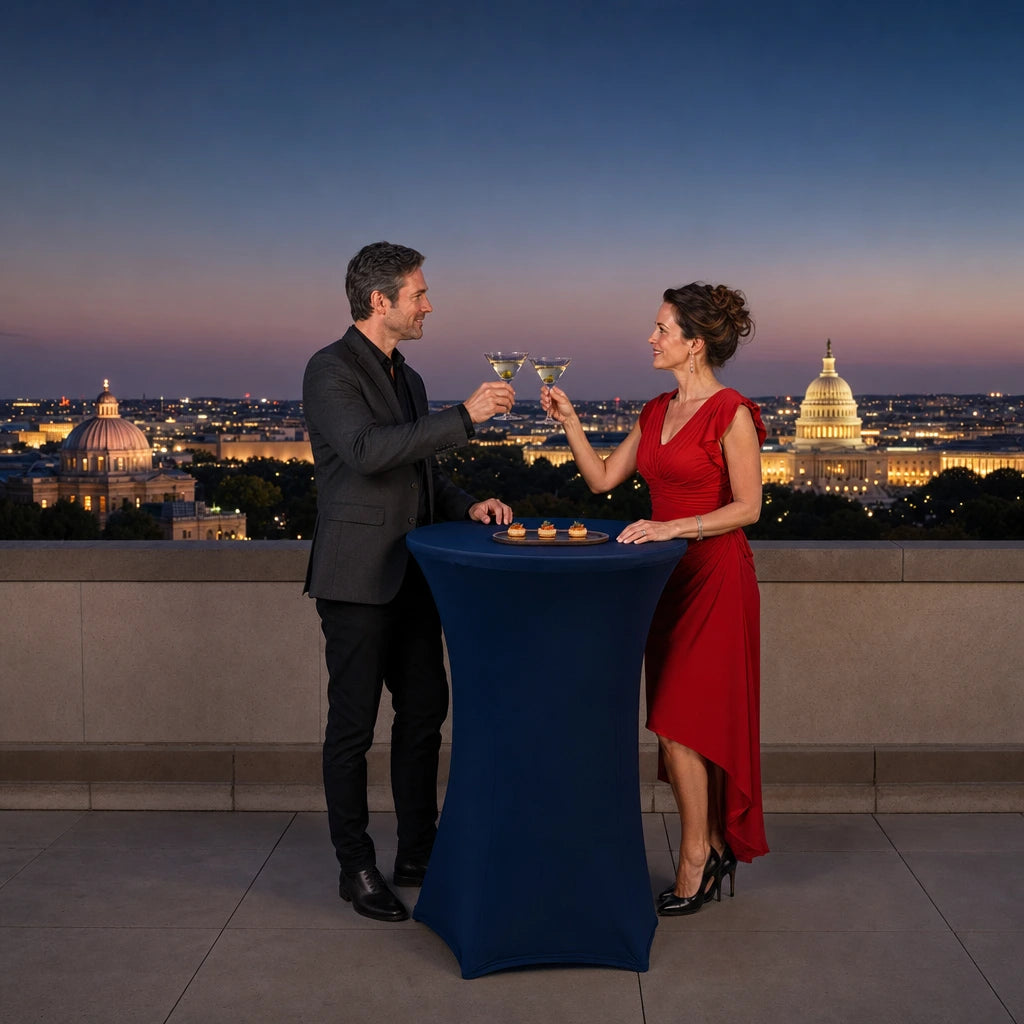 Couple with cocktails at a rooftop bar above the capital at dusk, Washington DC Iconic Bucketlist Luxe experience gift
