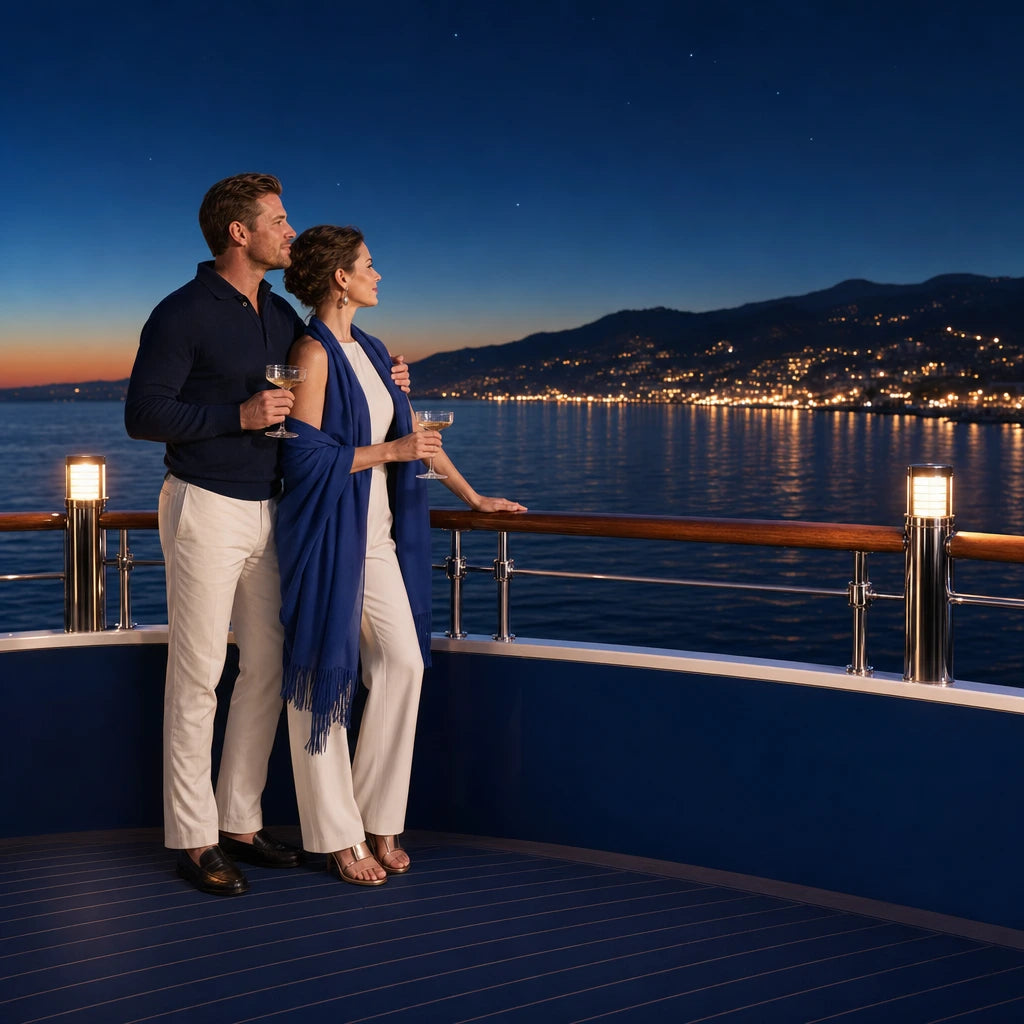 Couple with coupes at a yacht rail at dusk, coastline lights beyond, Iconic Cruises & Sailing Luxe experience gift