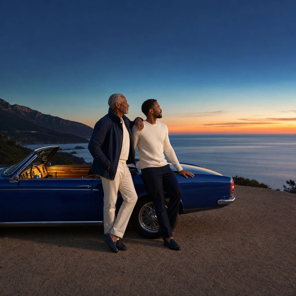Father and adult son leaning on a convertible at a dusk coastal overlook, Iconic Dad's Choice Luxe experience gift