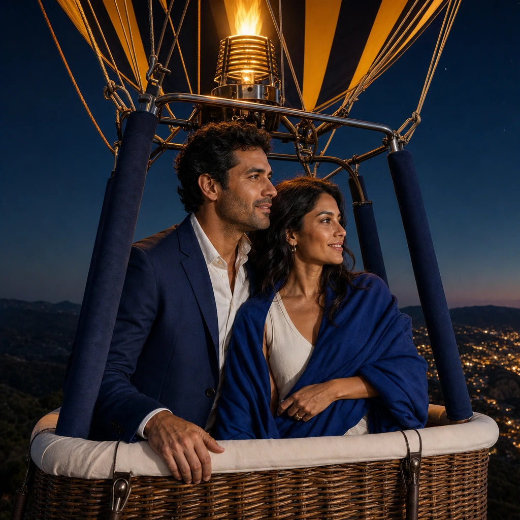 Couple in a hot air balloon basket over a dusk coastline, Iconic Air Adventure Luxe experience gift