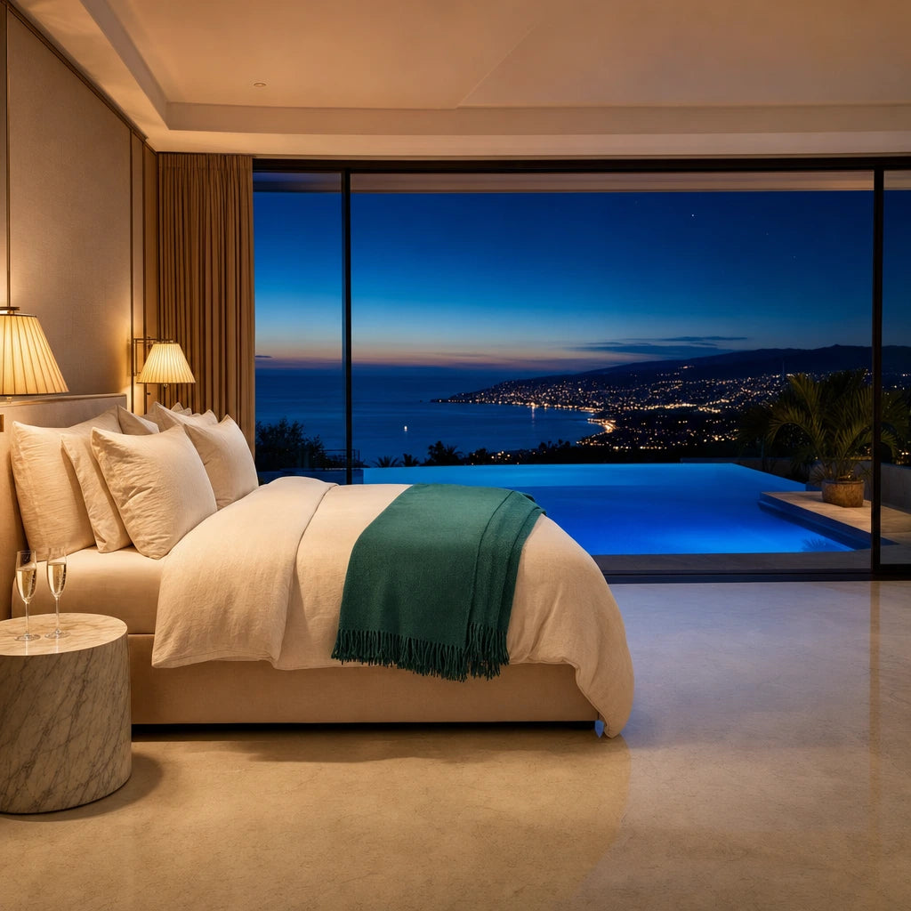 Dusk suite terrace with an infinity pool above a glittering coastline, Iconic Ultimate Getaway Luxe experience gift