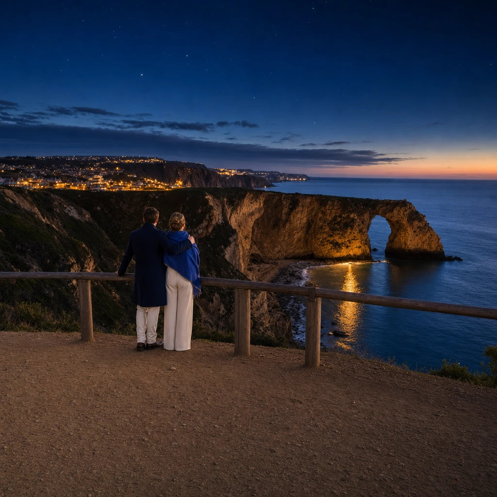 Two figures at a cliff rail at dusk before a great sea arch, Iconic Must-See Sights Luxe experience gift