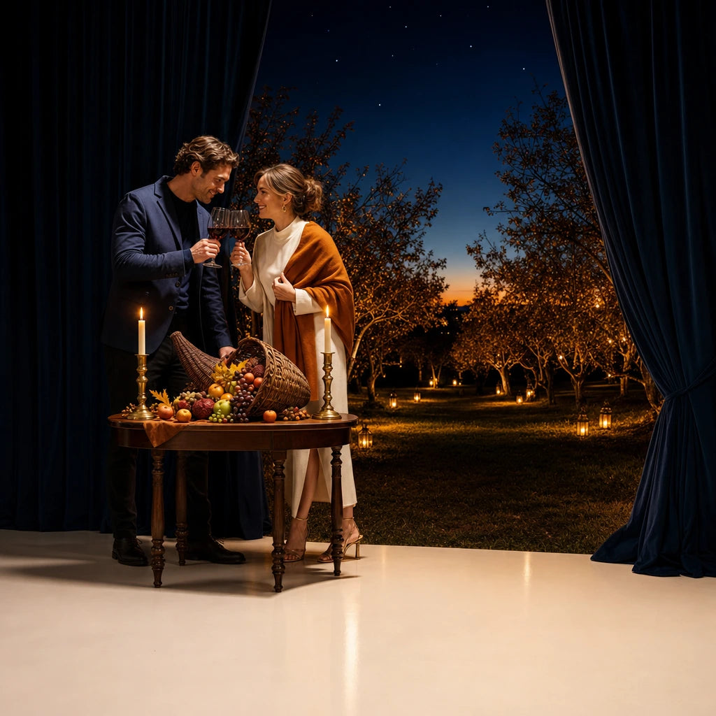 Couple toasting at a candlelit harvest table in a dusk orchard, Iconic Happy Thanksgiving Luxe experience gift