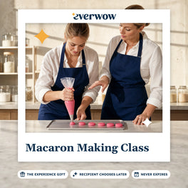 Everwow Macaron Making Class experience gift photo in a frame, piping shells in a studio
