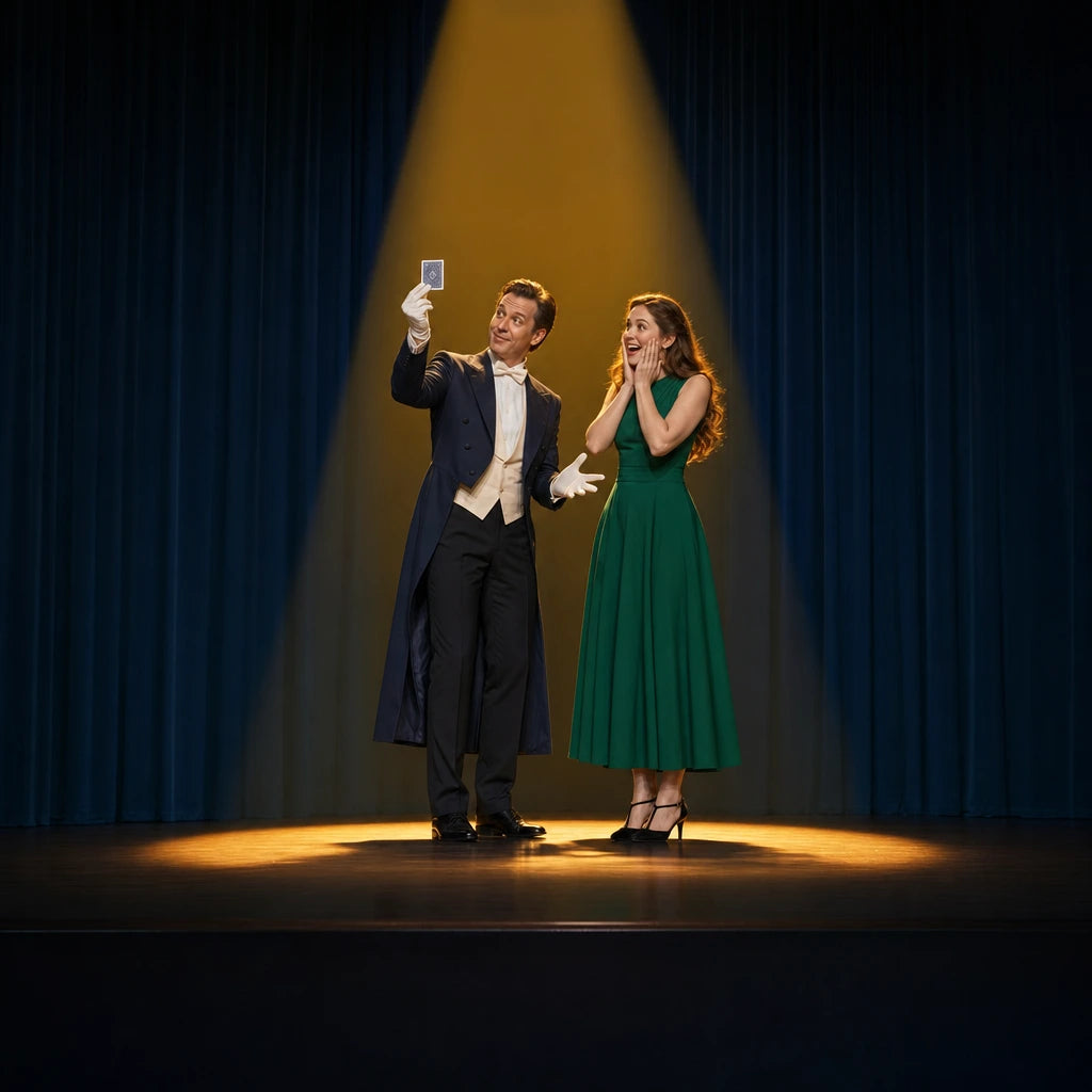 Magician holding up a card under a spotlight as his volunteer gasps, Magic Shows experience gift