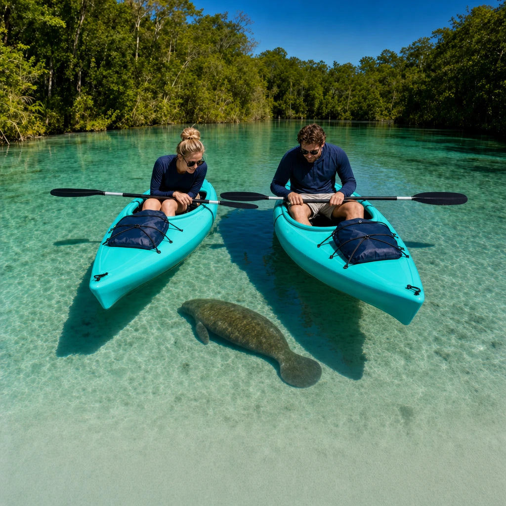 Two kayakers drifting still, watching a manatee glide beneath clear water, Manatee Kayak Tour experience gift