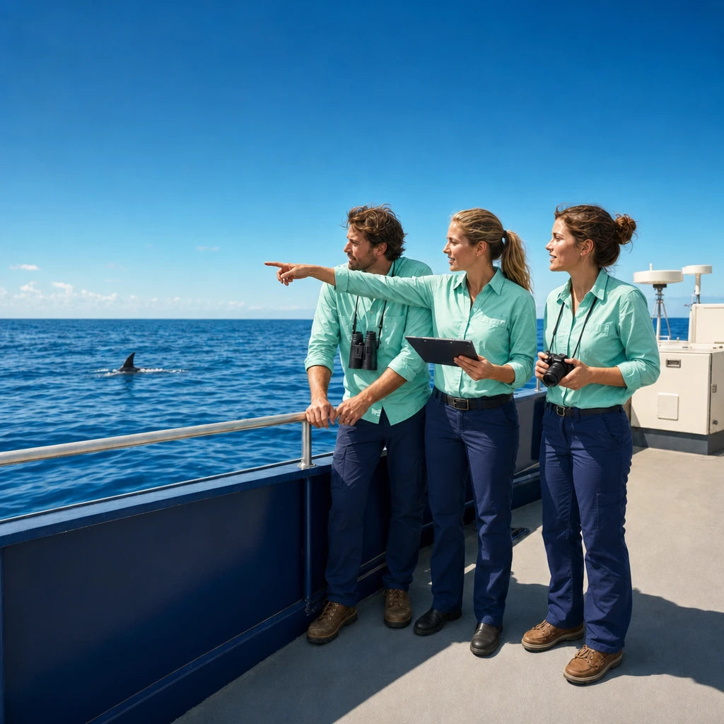 Guide pointing out a dorsal fin to researchers at a research vessel rail, Marine Conservation Tour experience gift