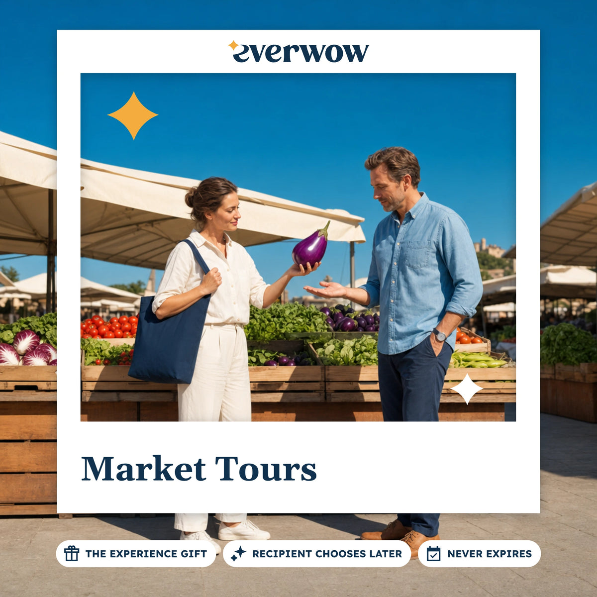 Everwow Market Tours experience gift photo in a frame, guide at a produce stall