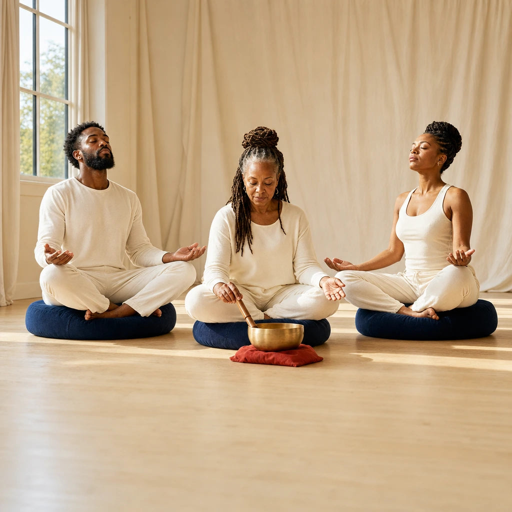 Instructor with a singing bowl and two students meditating, Meditation & Sound Bath experience gift