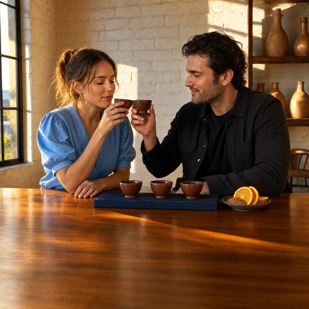 Couple clinking clay copitas over a mezcal flight at a brick bar, Mezcal Tasting experience gift