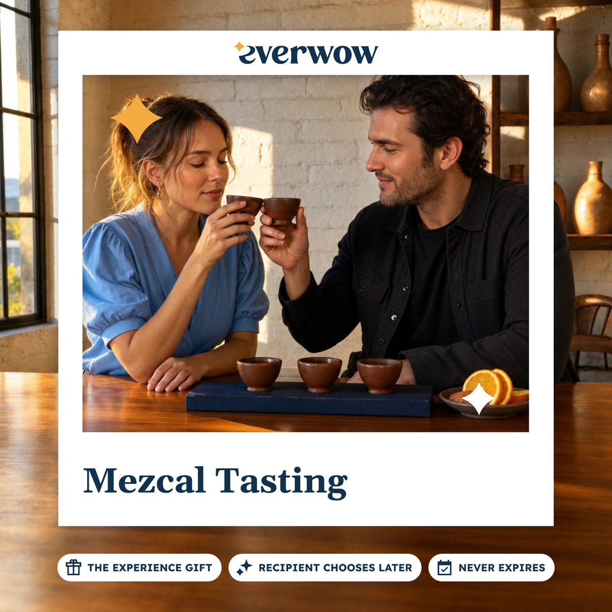 Everwow Mezcal Tasting experience gift photo in a frame, clay copitas at a bar