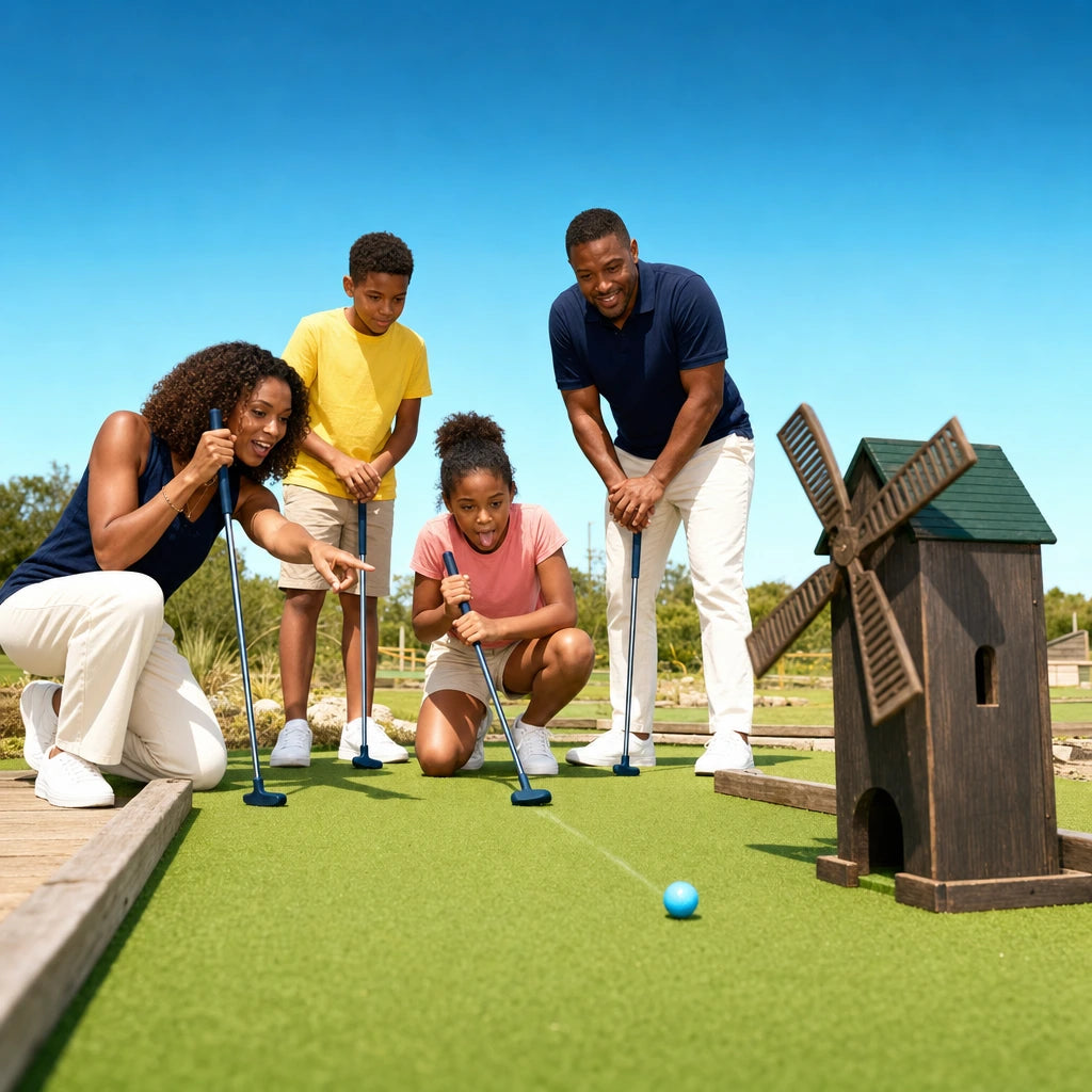 Family watching a putt roll toward a windmill on a mini golf course, Mini Golf experience gift