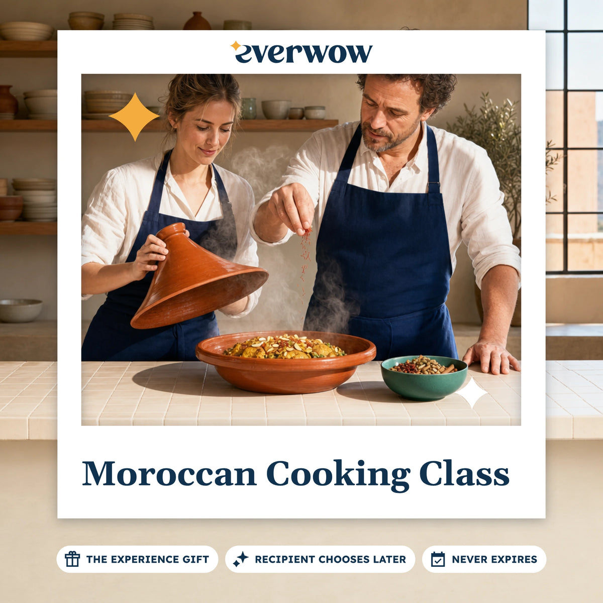 Everwow Moroccan Cooking Class experience gift photo in a frame, lifting a tagine lid