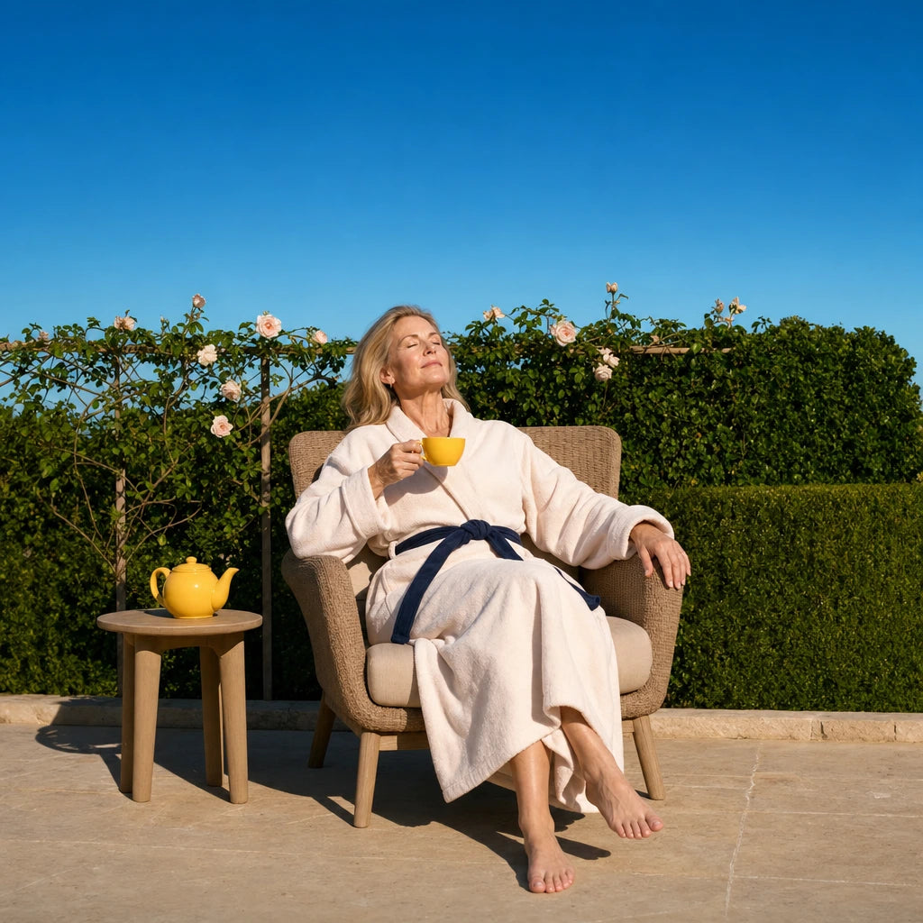 Mother relaxing in a spa robe with tea on a sunlit garden terrace, Mother's Day Experiences experience gift