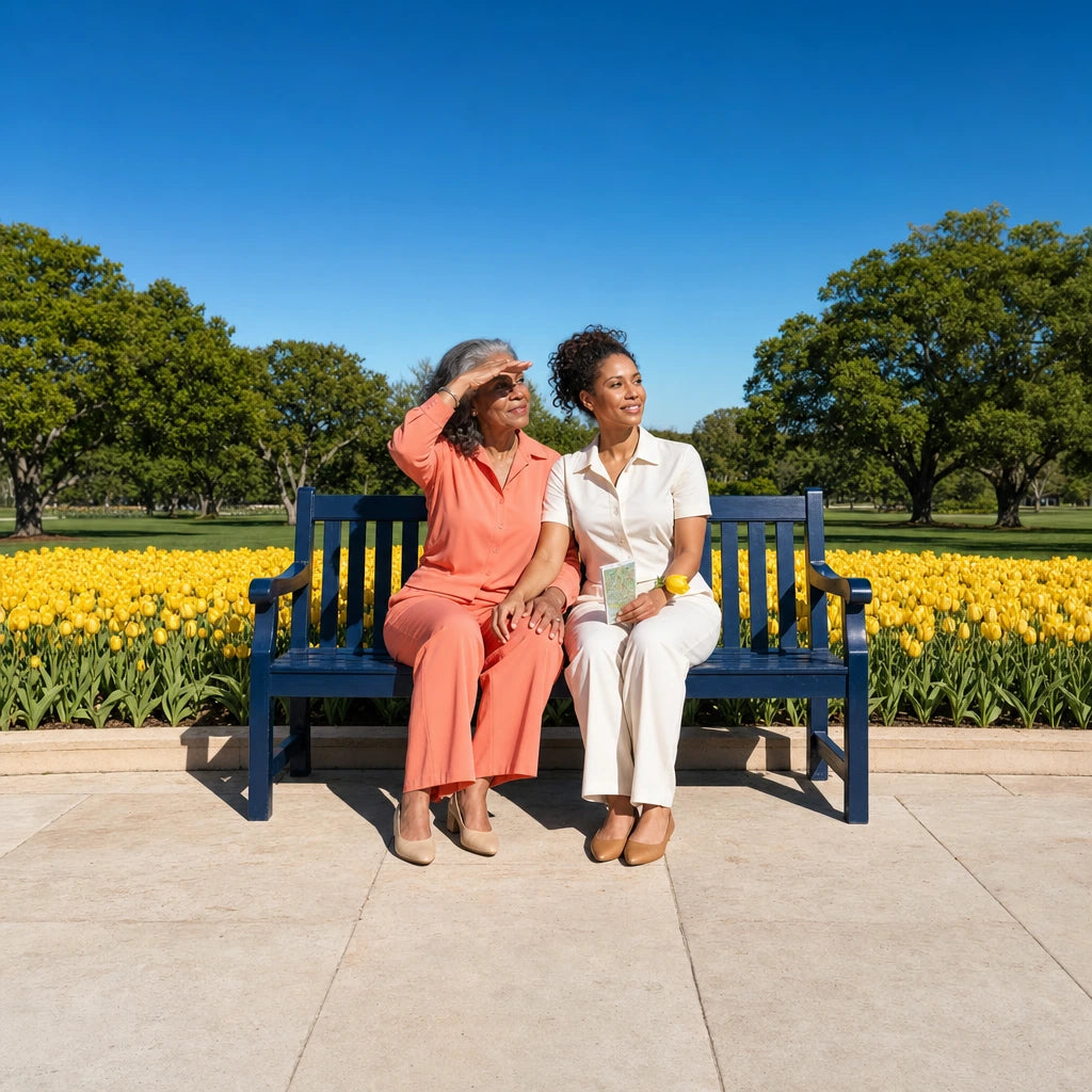 Mother and daughter on a bench facing a bright tulip bed, Mother's Day in Dallas Experience Collection gift