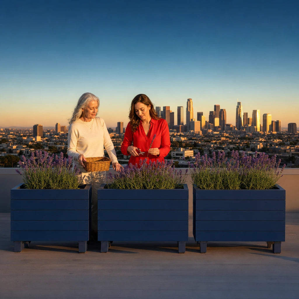 Daughter snipping rooftop lavender as her mother holds the basket, Mother's Day in Los Angeles Experience Collection gift