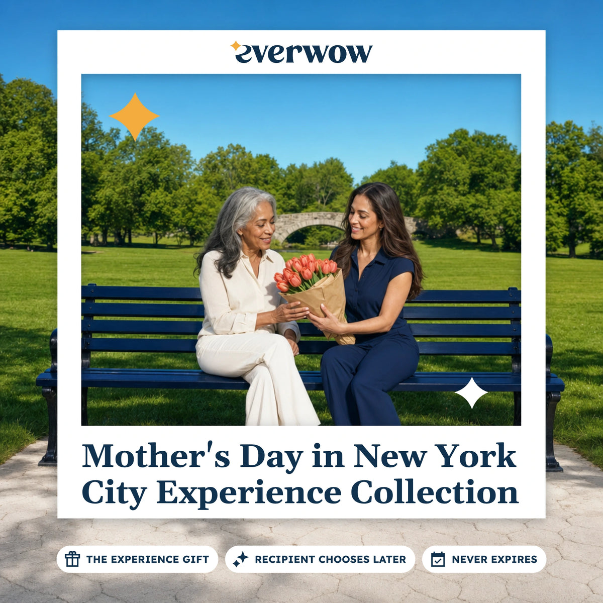 Everwow Mother's Day in New York City Experience Collection gift photo in a frame, park bench tulips
