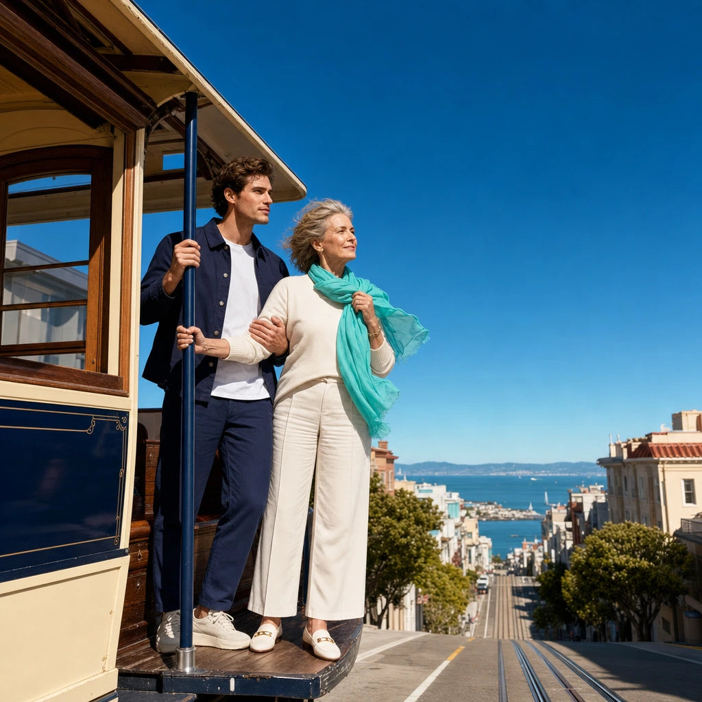 Son steadying his mother on a cable car above the bay, Mother's Day in San Francisco Experience Collection gift