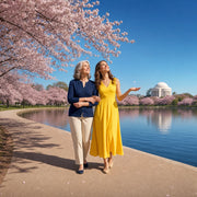 Daughter catching a falling cherry blossom petal by the Tidal Basin, Mother's Day in Washington DC Experiences gift