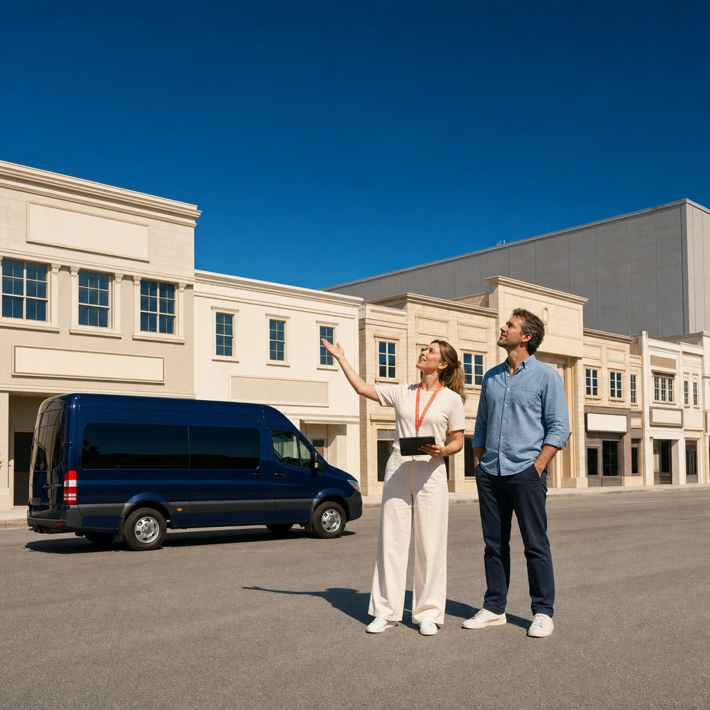 Guide showing a visitor backlot facades at a film studio, Movie & TV Location Tours experience gift