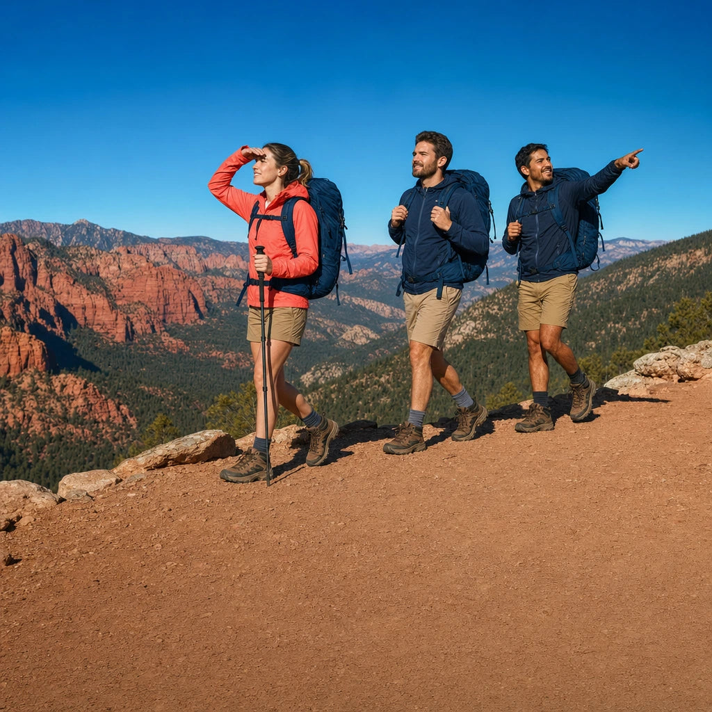 Three friends hiking a ridge trail toward distant peaks, Multi-Day Adventure Tour experience gift