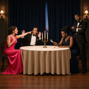 Guests in period dress acting out an accusation at a candlelit table, Murder Mystery experience gift