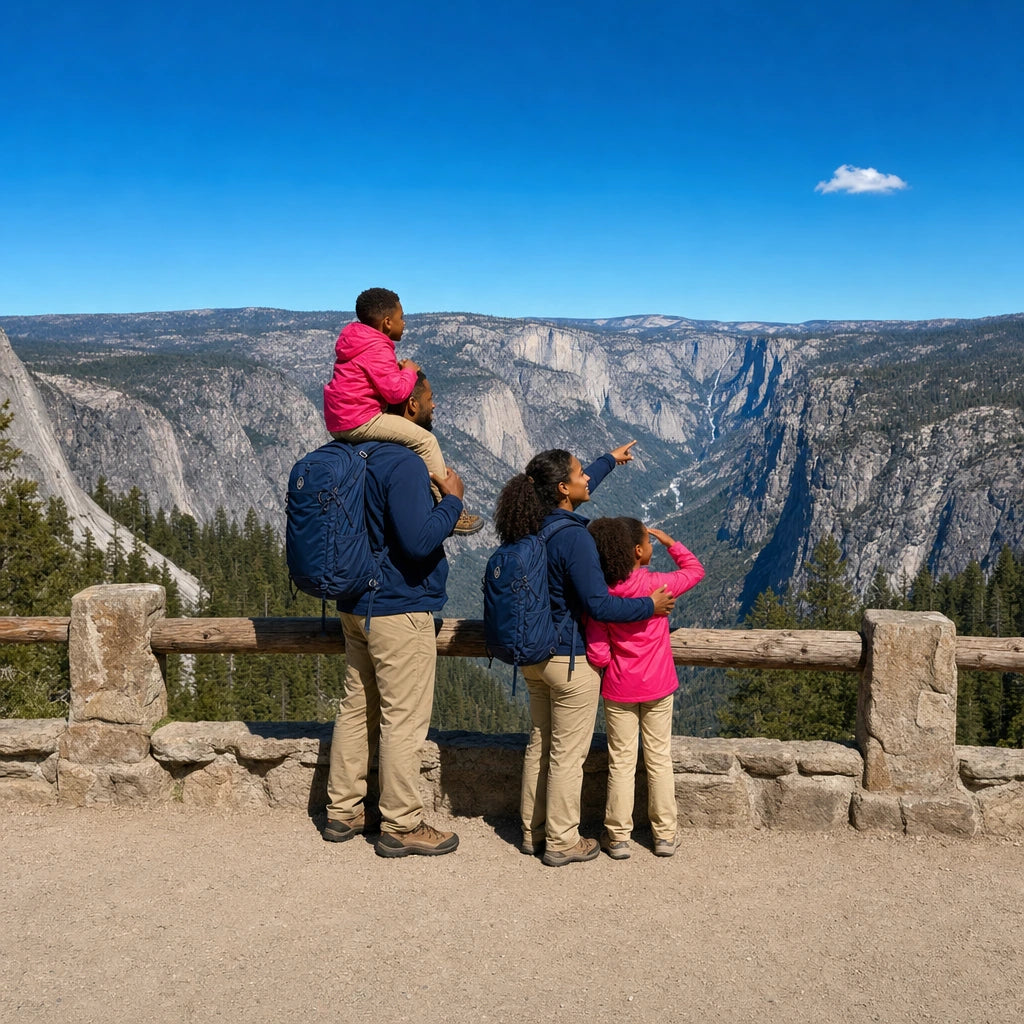 Family taking in a canyon view, son on his father's shoulders, National Park Tours experience gift