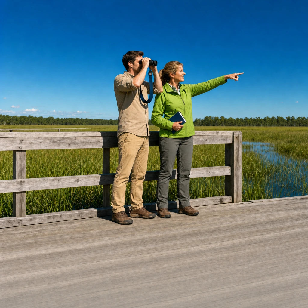 Guide and visitor with binoculars looking over green wetland from a boardwalk, Nature & Wildlife Walk experience gift