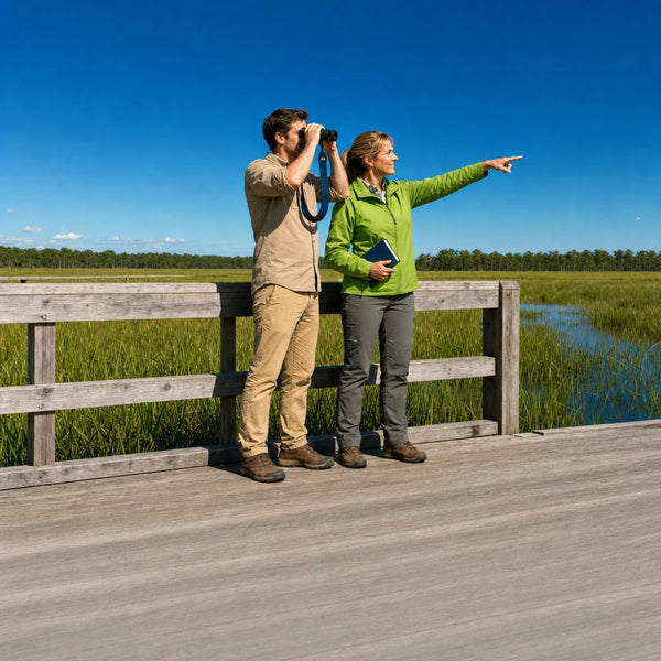 Guide and visitor with binoculars looking over green wetland from a boardwalk, Nature & Wildlife Walk experience gift