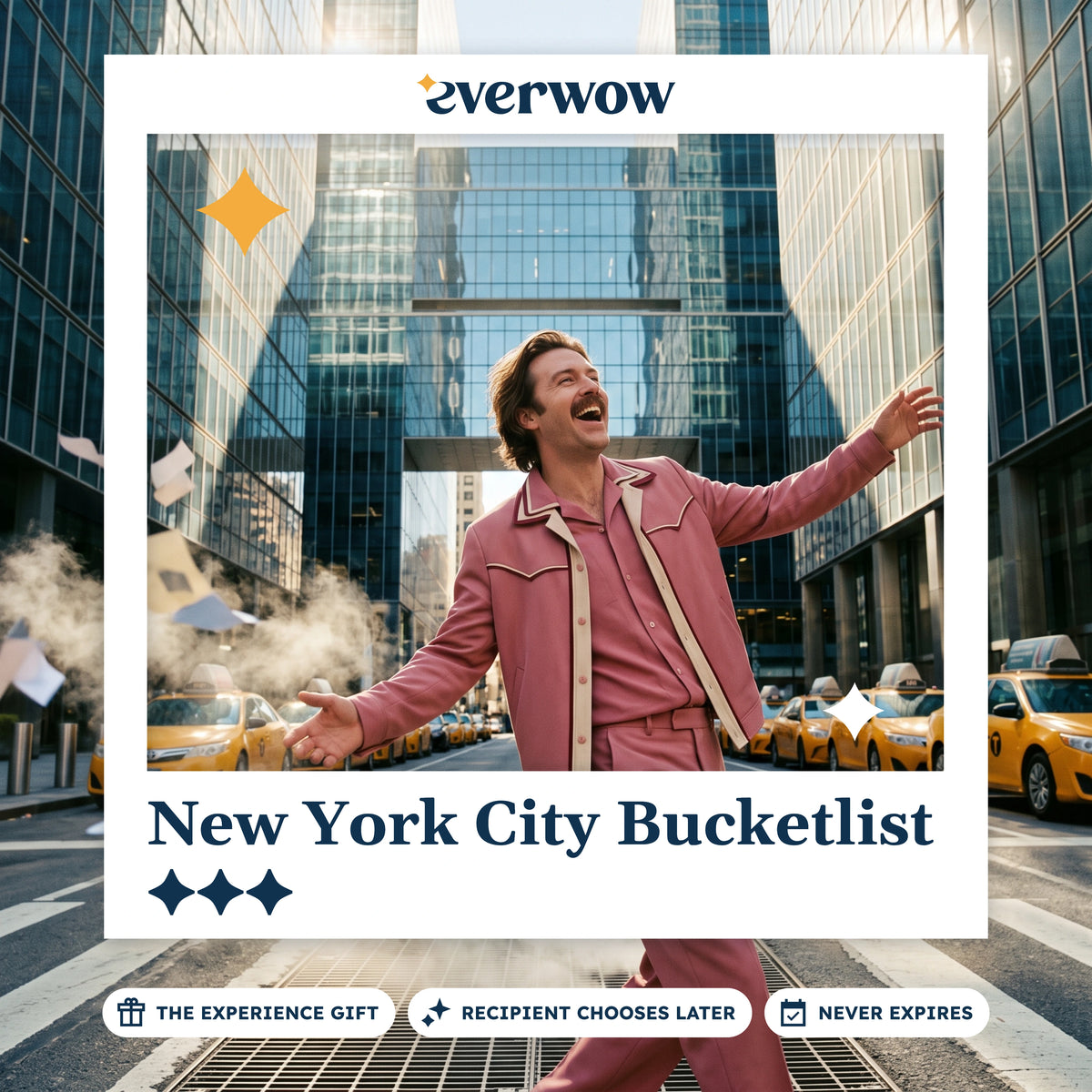 Everwow New York City Bucketlist gift card: man in a pink suit on a Manhattan crosswalk