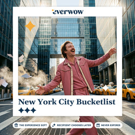 Everwow New York City Bucketlist gift card: man in a pink suit on a Manhattan crosswalk