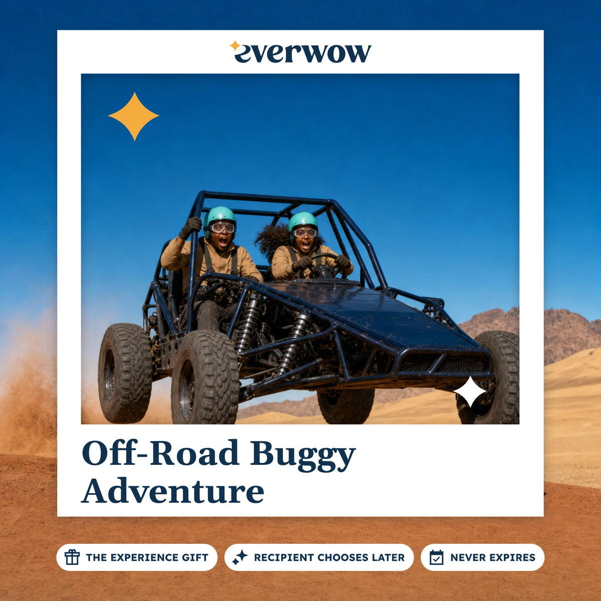 Everwow Off-Road Buggy Adventure experience gift photo in a frame, buggy jumping a dune crest