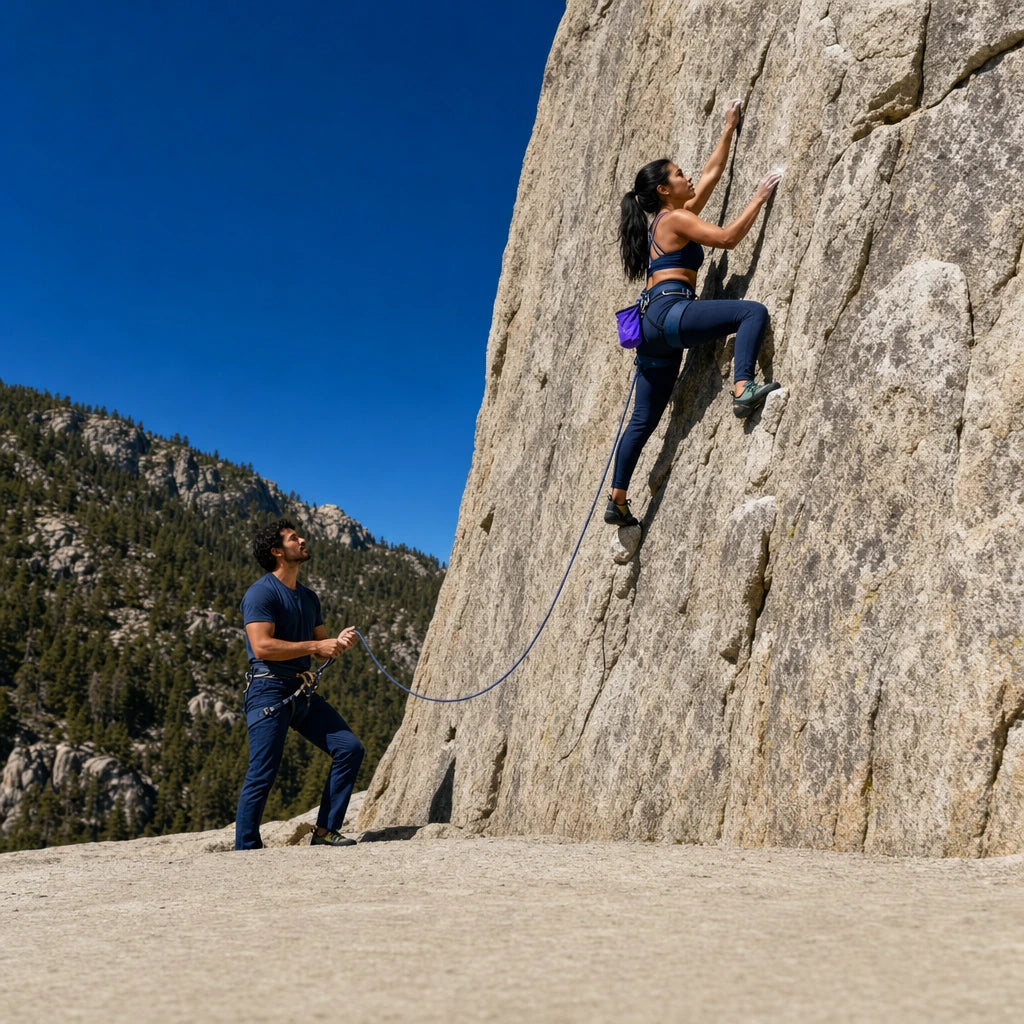 Climber reaching for a hold as her belayer holds the rope, Outdoor Rock Climbing experience gift