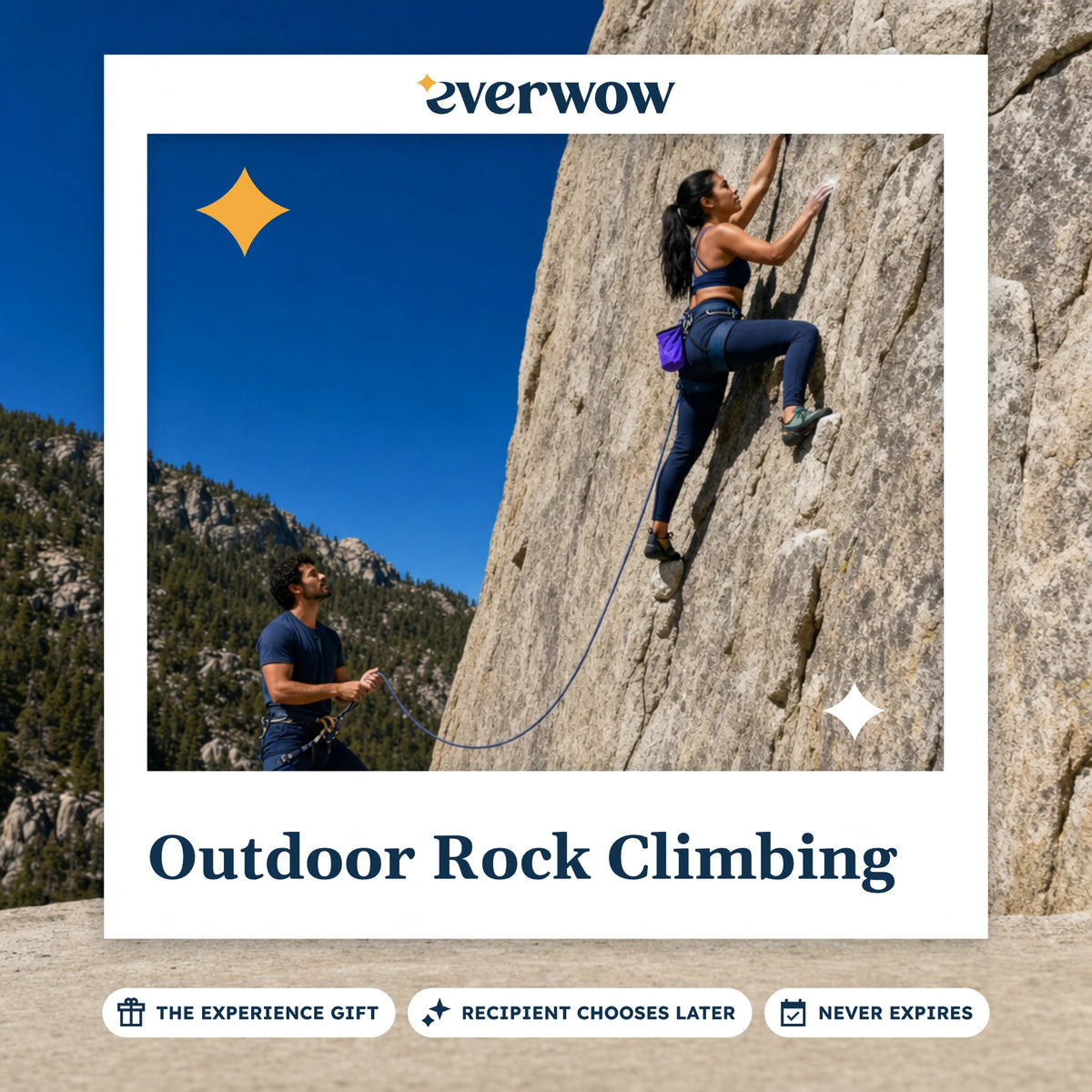 Everwow Outdoor Rock Climbing experience gift photo in a frame, climber on a granite crag