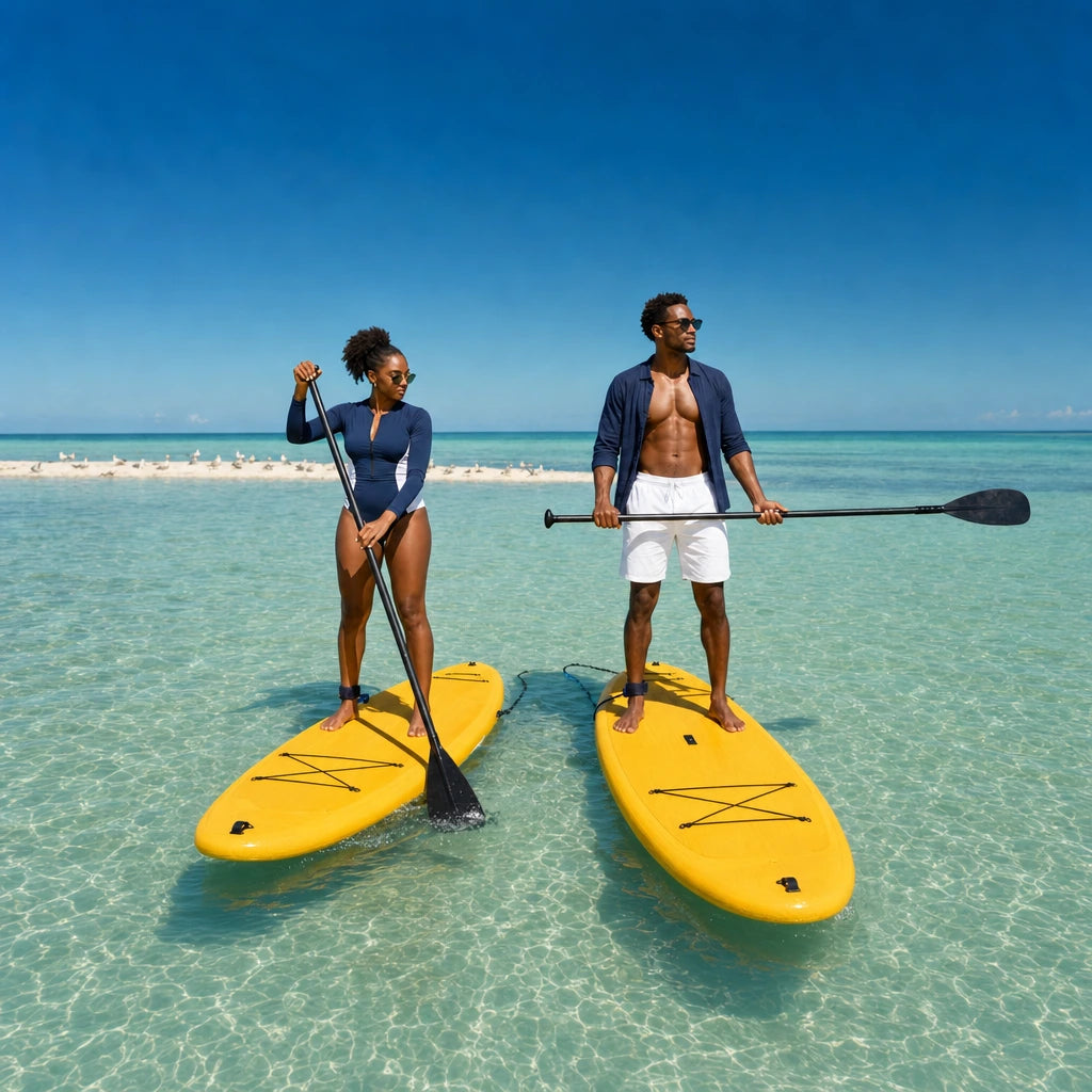 Two paddleboarders gliding over a clear sunlit sandbar, Paddleboarding experience gift