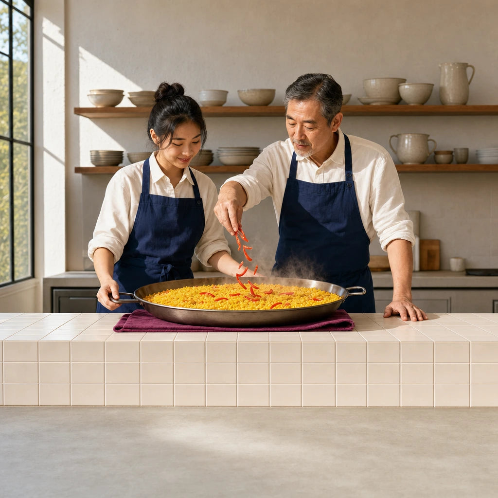 Chef scattering peppers into a student's pan of saffron rice, Paella Cooking Class experience gift