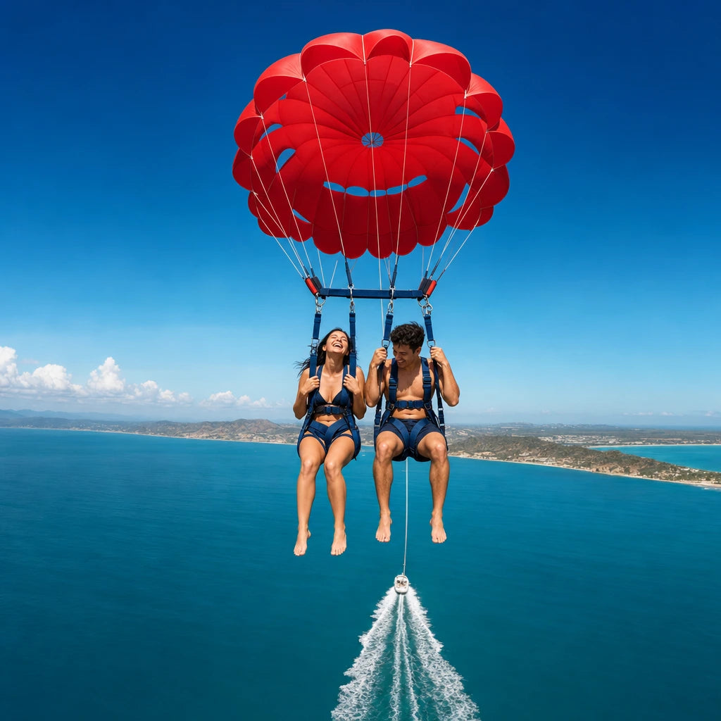 Couple flying beneath a red parasail above turquoise water, Parasailing experience gift