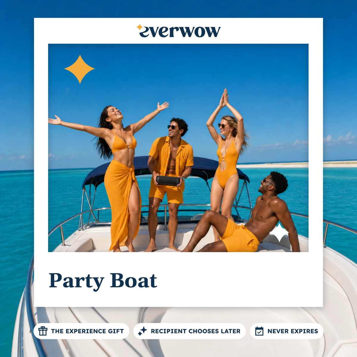 Everwow Party Boat experience gift photo in a frame, friends dancing on deck
