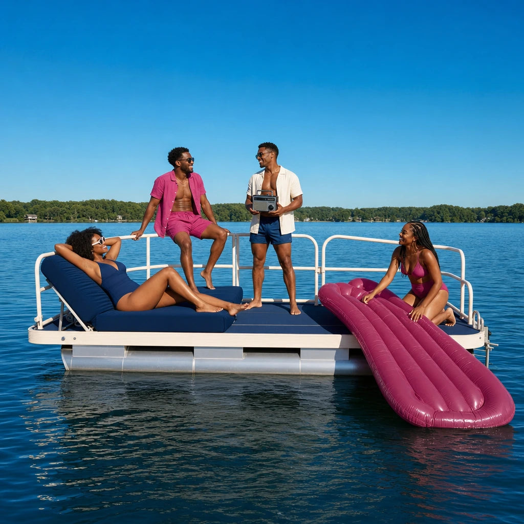 Four friends relaxing on an anchored pontoon deck on a calm lake, Party & Pontoon Boats experience gift