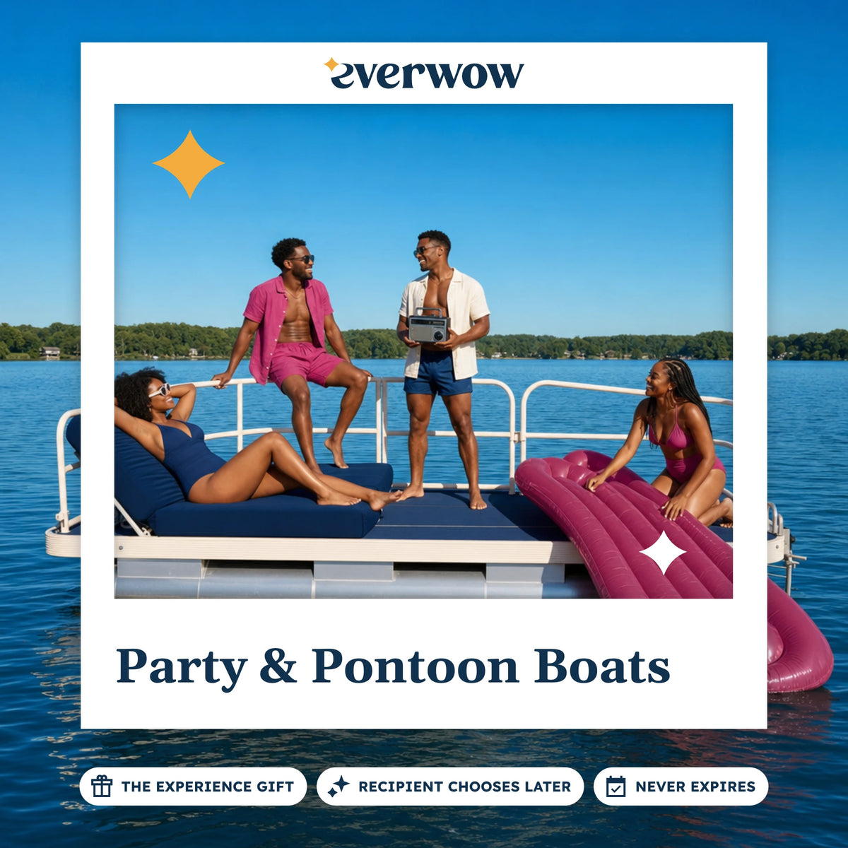 Everwow Party & Pontoon Boats experience gift photo in a frame, friends on a pontoon deck