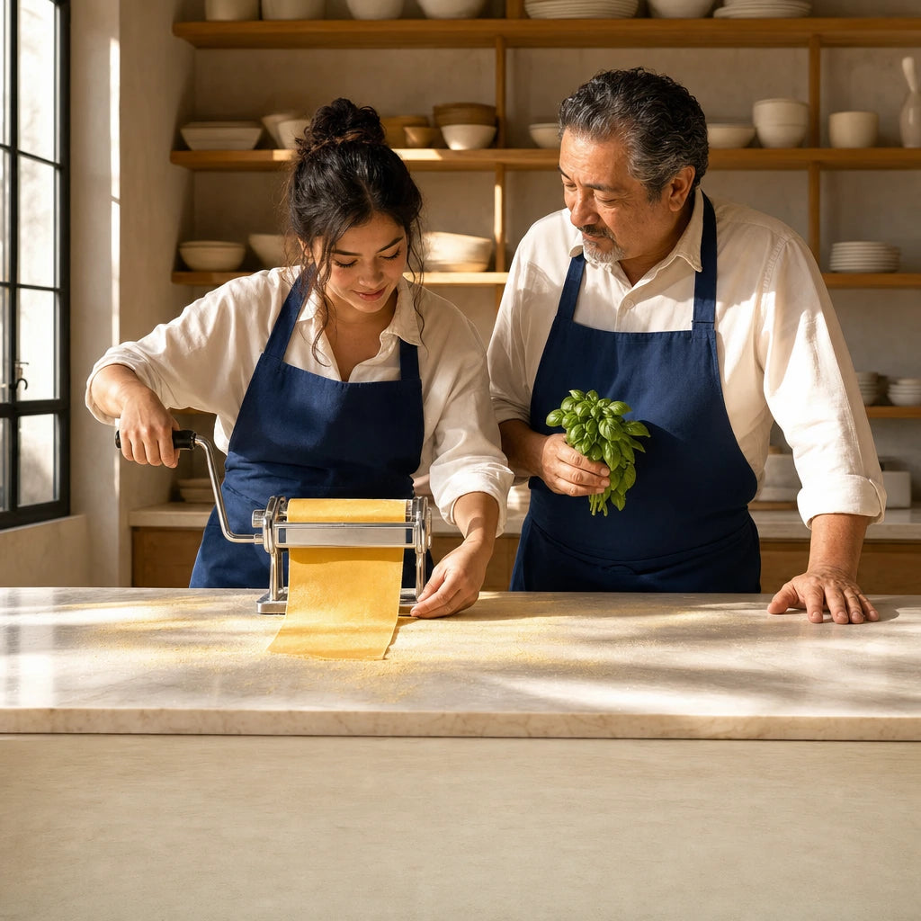 Student cranking fresh pasta through a roller beside her chef, Pasta Making Class experience gift
