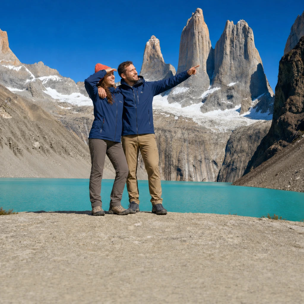 Couple gazing at granite towers above a turquoise glacial lake, Patagonia & Torres del Paine Tour experience gift