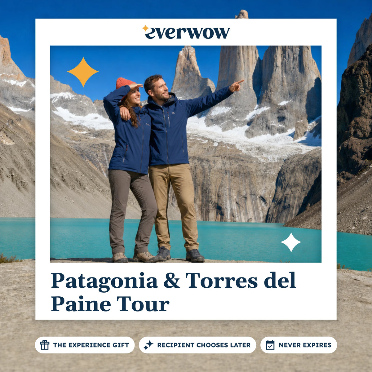 Everwow Patagonia & Torres del Paine Tour experience gift photo in a frame, couple at a glacial lake