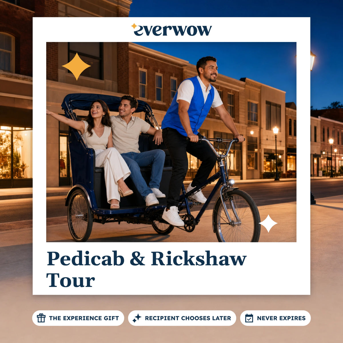 Everwow Pedicab & Rickshaw Tour experience gift photo in a frame, pedicab on an evening street