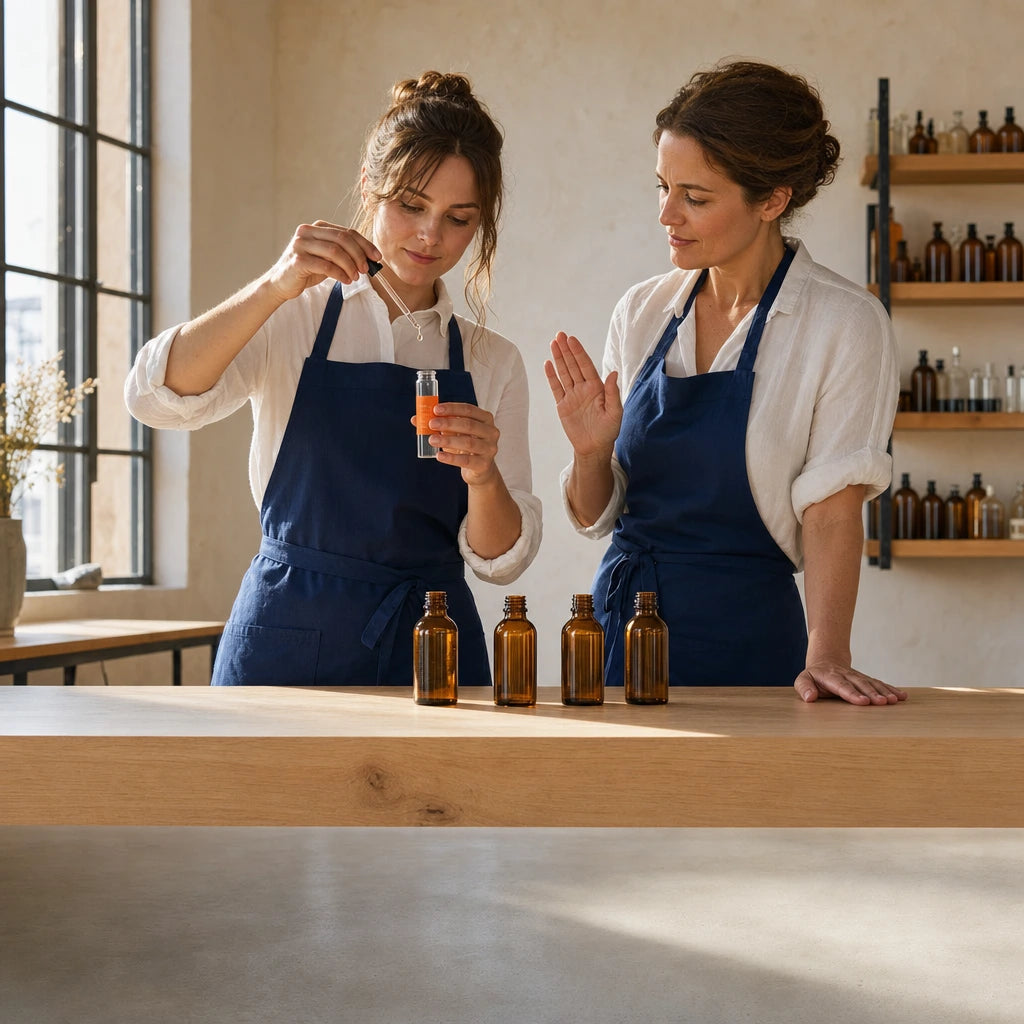 Maker adding a drop to a test vial under her instructor's eye, Perfume Making Workshop experience gift